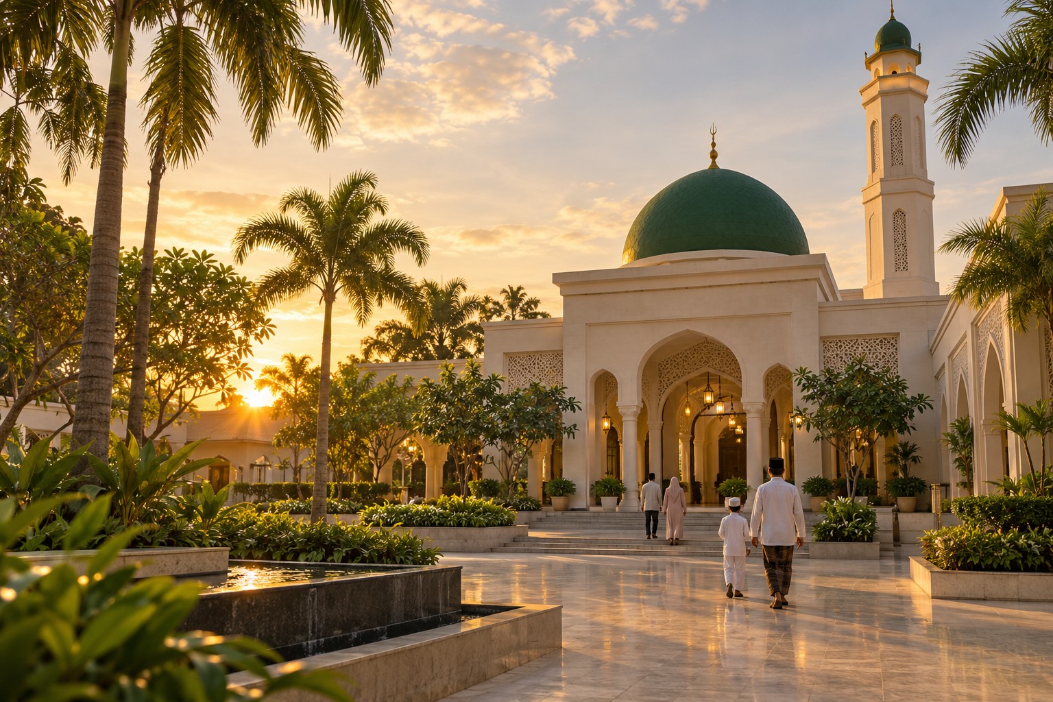 Illustrative view of a Malaysian mosque courtyard in warm evening light